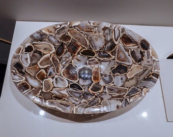 Ovales graues Marmorwaschbecken mit königlichem Achatstein-Epoxidharz-Aufsatzwaschbecken von Vintage Art and Crafts