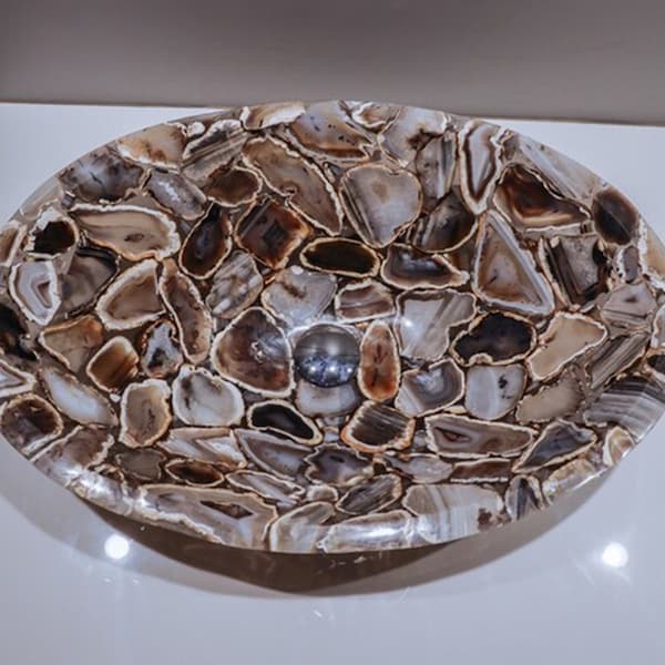 Oval Shape Grey Marble Wash Basin with Royal Look Agate StoneEpoxy Art Counter Top Sink from Vintage Art and Crafts