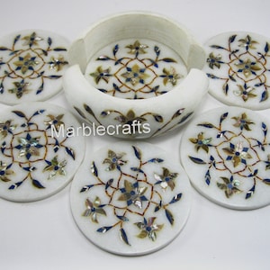 White Marble Coffee Coaster Set for Dining Table Decor | 4.5 Inches Antique Art Inlay Work Beer Coaster | Wine Glass Holder | Luxury Gifts
