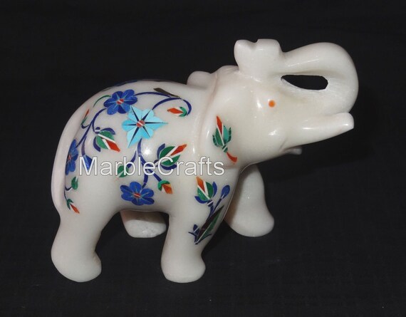 White Marble Decorative Elephant Semi Precious Stones Inlay | Etsy