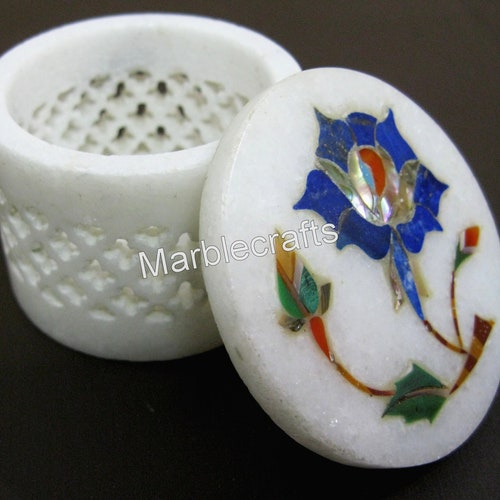 2.5 Inches Multicolor Gemstones Inlay selling Work Trinket Box White Marble Round Shape Ring Box for Anniversary Gift to Her