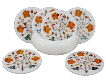 Marble Coffee Coaster Set | Carnelian Tea Coaster Set | 4.5 Inch Marble Drink Coasters | Decorative Gift Coaster Set for Home Table Decor