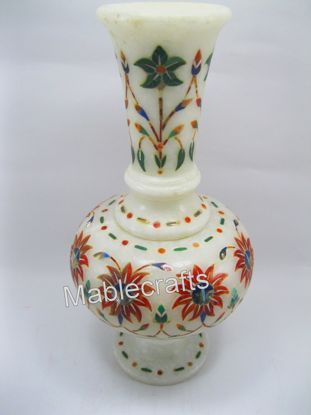 Inches Semi Precious Stones Overlay Work Flower Vase with Elegant Look  White Marble Planter from Indian Vintage Art Crafts