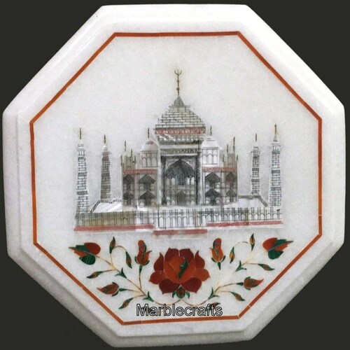 Taj Mahal Replica Inlay Work Coffee Table Top Octagon Shape White Marble Bed shops Side Table from Indian Heritage Art and Crafts