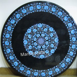 Turquoise Stone Center Table Top with Inlay Work | 36x36 Inches Round Black Marble Dining Table for Hotel & Resorts Decor | Custom Table Top