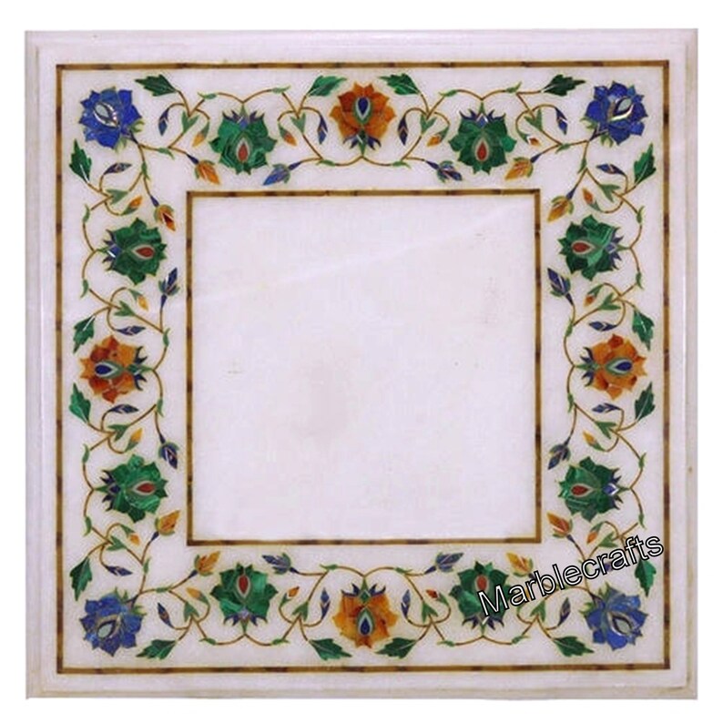 White Marble Sofa Side Table Top Semi Precious Stones Coffee Table with Floral Design from Indian Vintage Crafts
