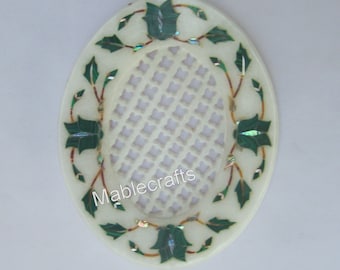 Handmade Malachite Stone Inlay Soap Dish | Marble Key Holder | Luxury Bathroom Accessory | 5 x 4" Decorative Vanity Tray | Housewarming Gift