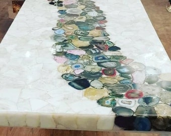 Esstischplatte aus weißem Marmor in quadratischer Form mit königlichem Achat im Fluss-Design, Kunst-Epoxidharz-Mitteltisch für die Bürodekoration