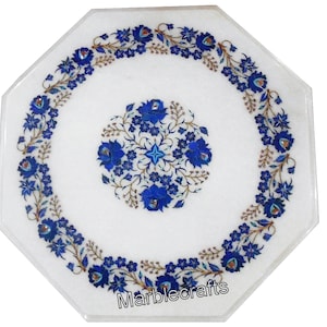 Vintage Marble Hallway Corner Table Top with Lapis Lazuli Inlay Work | Octagon Marble Coffee Table Top for Living Room & Guest Room Decor