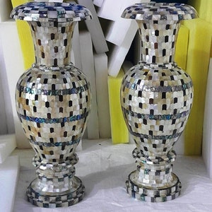 Mother of Pearl Flower Vase with Overlay Work | Set of 2 Pieces Handmade Marble Plant Pot | Luxury Indoor Planter | Unique Wedding Gift