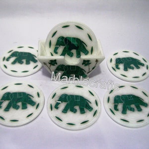 Elephant Art Inlay Coaster Set | White Makrana Marble Wine Glass Holders | Malachite Stone Inlay Soft Drink Coasters | 4.5 Inches Table Mats