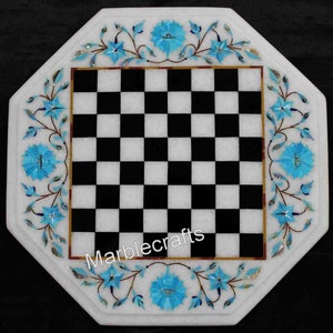 Luxury Marble Game Table Top | Marble Coffee Table Top | Marble Chess Table 12x12" | Turquoise Stone Inlay Game Playing Table King 2 Inches