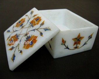 Carnelian Stone Jewelry Box with Inlay Work | 4 x 3 Inches Handmade Marble Trinket Box for Vanity Decor | Rectangle Marble Keepsake Box