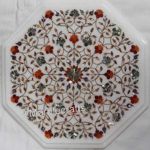 Handmade Marble Coffee Table with Semi Precious Stones Inlay Work White Vintage Marble Side Table Top for Restaurant & Office Decor