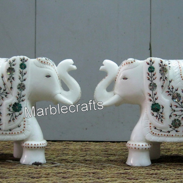 8 Inches White Marble Decorative Elephant Statue Malachite Stone Inlay Work Saluting Elephant Statue for Home Decor Set of 2 Pieces