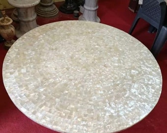 Mesa de centro de trabajo aleatorio de nácar con aspecto real, mesa esquinera de mármol blanco de forma redonda para decoración de área de Blacony