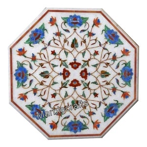 Mesa auxiliar de mármol blanco indio con incrustaciones de piedras preciosas naturales. Mesa auxiliar de mármol artístico para recepción y decoración de bodas.