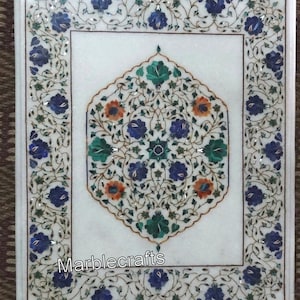 Vintage White Marble Table Top with Gemstone Inlay | 24 x 30 Inches Handmade Dining & Patio Table | Luxury Marble Slab for Living Room Decor