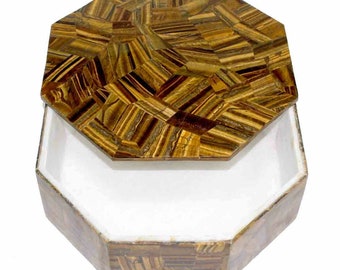 Tijgeroogsteen Willekeurig werk Sieradendoosje met elegante uitstraling Achthoekige vorm Wit marmeren cosmetische doos