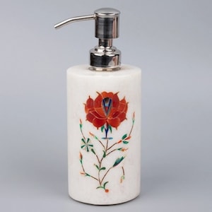 Indian Marble Soap Dispenser | Marble Soap Pump Bottle / Floral Art Inlay Soap Squirter / Bath Decor Accessories | Marble Handwash Dispenser