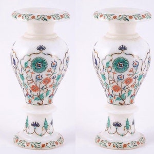 Vasi da fiori in marmo reale con intarsi in malachite e corniola / Fioriere artigianali dall'aspetto regale / Coppia di vasi decorativi ideali come regalo