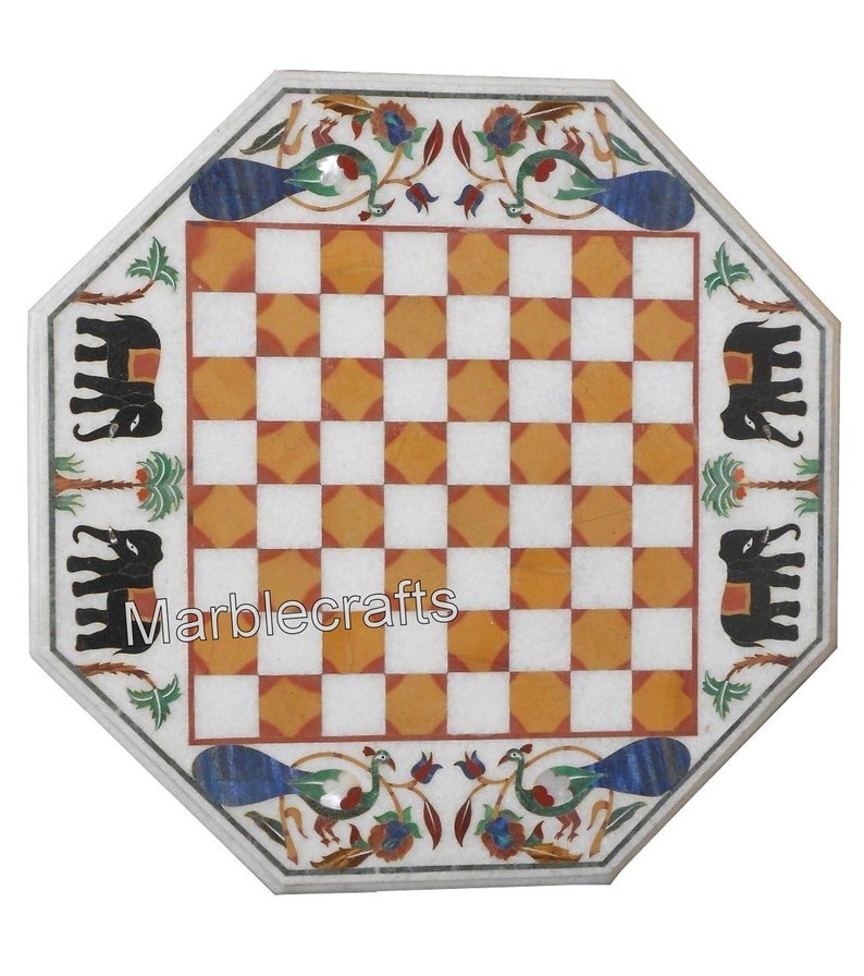 Marble Corner Table with Decent Look Coffee Table Inlaid Multi Stones and Chess Design can be use as Game Table