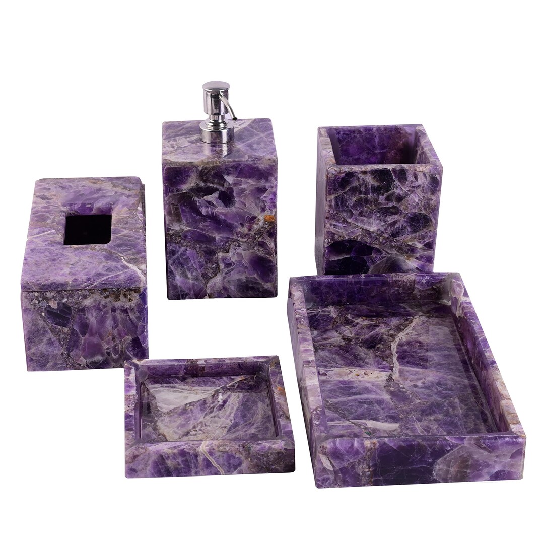 Set of 5 Pieces Purple Bath Set With Royal Look Amethyst Epoxy Tooth Brush Holder and Soap Dish ...
