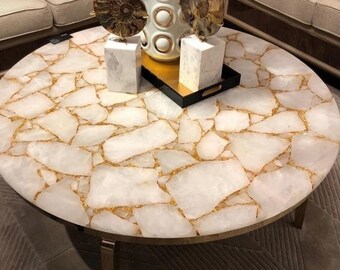 Round Shape White Marble Coffee Table Top for Cafeteria Decor Quartz Stone Epoxy Art Kitchen Slab with Golden Foil