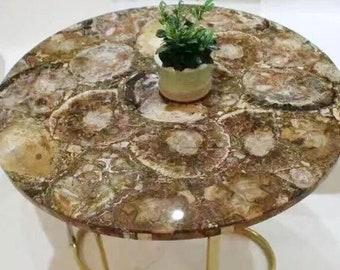 Mesa de centro de sofá de mármol con forma redonda y tablero de epoxi petrificado marrón de Indina Heritage Art and Crafts