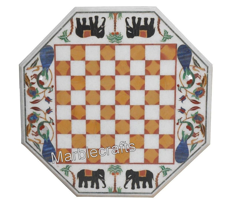 Marble Corner Table with Decent Look Coffee Table Inlaid Multi Stones and Chess Design can be use as Game Table