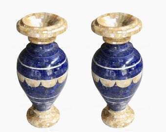 Handmade Vase with Mother of Pearl & Lapis Lazuli Stone Overlay Work | Luxury Decorative Plant Vase | Blue Stone Decorative Flower Pot Set