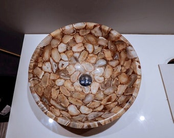 Roudn Form Marmor Waschbecken Braun Achat Epoxy Thekengefäß von Indian Cottage Art and Crafts