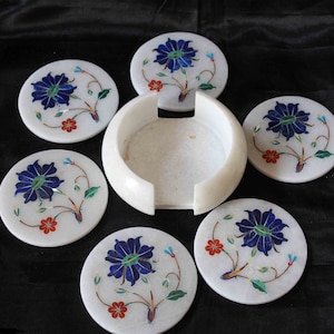Gemstone Coaster Set with Floral Art Inlay Work | White Marble Wine Glass Holder | Luxury Protectors for Cafe & Patio Table | Halloween Gift