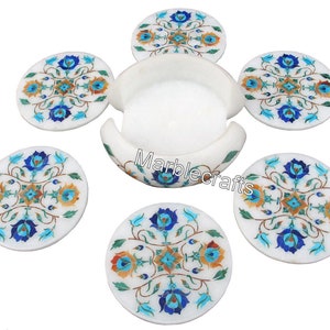 Gemstones Inlay Coaster / White Marble Gift-able Coaster / Handcrafted Drink Coaster / Table Decor Accent / Floral Art Drink Coaster