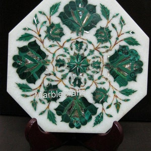 Soporte de mármol para tetera con incrustaciones de malaquita / Plato decorativo con diseño floral / 20 x 20 cm / Soporte de lujo para tetera con piedras preciosas / Regalo de inauguración de casa
