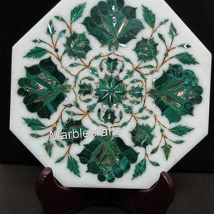 Marble Kettle Stand with Malachite Stone Inlay | Handmade Marble Tea Pot Stand & Trivet Stand | Hot Plate | 8 X 8 Inches Housewarming Gift