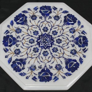 Tablero de mesa auxiliar de lapislázuli con incrustaciones / Tablero de mesa auxiliar blanca para patio o jardín / Tablero de mesa de estudio de mármol a medida / Tablero de mesa de centro de mármol