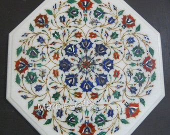 White Marble Sofa Side Table Top Semi Precious Stones Coffee Table with Floral Design from Indian Vintage Crafts