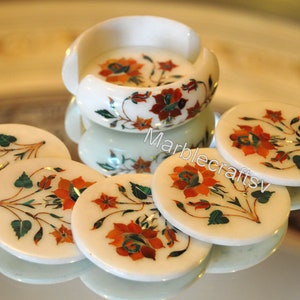 Beautiful Tea Coaster Set | White Marble Drink Coaster | Round Marble Wine Coaster | Stone Inlay Cup Mat | Mable Beer Coaster Set 4.5 Inches