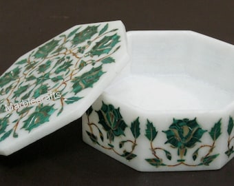 Luxury Marble Makeup & Jewelry Box | 6x6 Inches Trinket Box with Malachite Stone Inlay | White Marble Accessories Box for Housewarming Gift