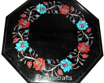 Turquoise Inlay Table Top with Majestic Look | Black Marble Coffee Table Top | Handcrafted Office Desk Table | Modern Living Room Table Top