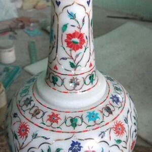 Marble Flower Pot with Semi Precious Stones Inlay Work | Vintage Marble Planter for Garden | Handmade Marble Plant Case | Christmas Gift