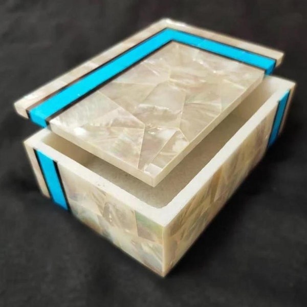 Turquoise Stone Inlay Work Trinket Box for Boyfriend Gift Rectangle Shape White Marble Watch Box