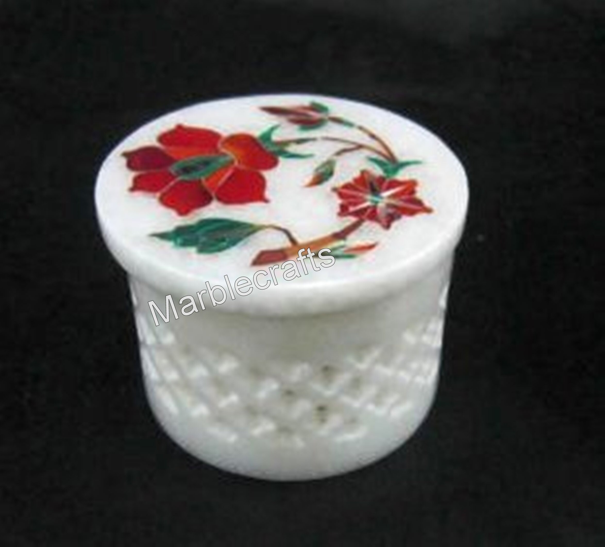2.5 Inches White Marble Trinket Box Floral Design with Carnelian Stone Ring Box 