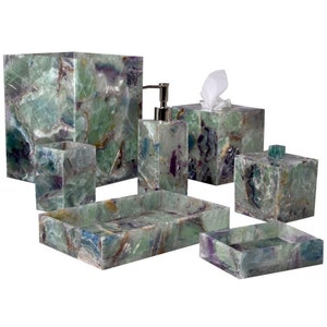 Set da bagno in fluorite verde 7 pezzi / Portaspazzolino in fluorite / Elegante organizer da bagno / Vassoio portasciugamani in fluorite / Scatola porta fazzoletti in fluorite