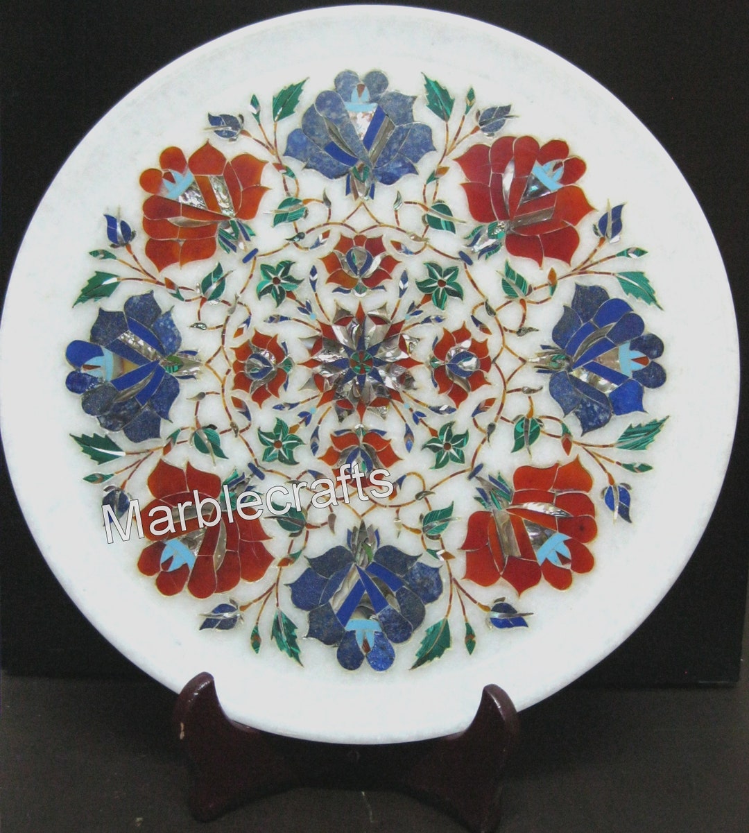 Pattern Plate Inlay 12 Inches Carnelian Stone Inlay Work Decorative Plate Round Shape White ...