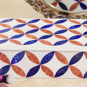 Halsbandsask i marmor | Manschettknappsask med inlägg av lapis lazuli | Prydnadssaker i marmor | Vit ask för manschettknappar och slipsklämmor | Presentask för flera ändamål till en vän