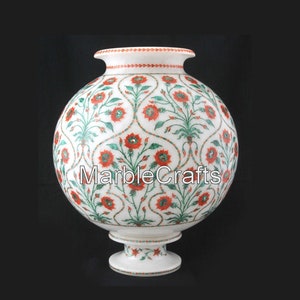 Gemstones Inlay Vase & Planterette | 10" Marble Flower Pot | Handmade Urn Vase for Side Table Decor | Gift-able Plant Holder with Royal Look