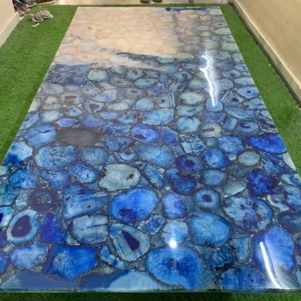 Blue Agate Resin Patio Coffee Table Top Square Shape Marble Corner Table for Balcony Area Decor