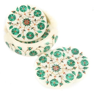 Malachite Gemstone Tea Coaster Set for Dining & Breakfast Table Decor 4.5 Inches White Marble Drink Coaster with Inlay Work Set of 6 Coaster